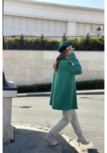 Kadın Yeşil Astarlı, Kruvaze Ceket Yaka, Tek Düğme, Rahat Kalıp, Fitilli Kaşe Kumaş Kaban Yeşil