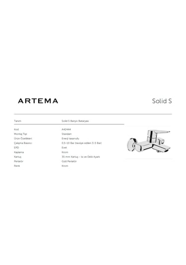 Artema Solid S Banyo Bataryası A42444