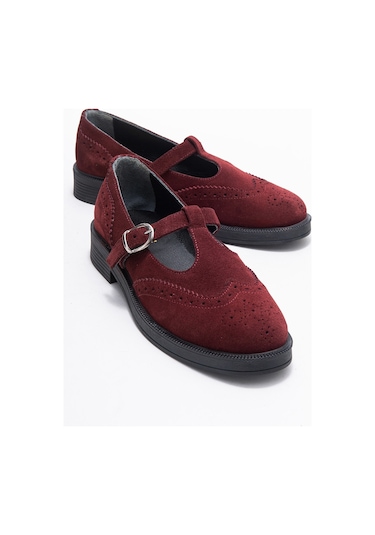Janney Bordo Süet Hakiki Deri Bantlı Kadın Loafer Ayakkabı Bordo