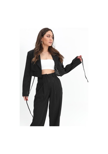 Ceket Kısa Vatkalı Fleto Cepli Çizgili - Siyah-siyah Siyah