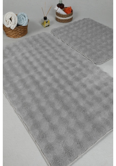 Modern Bubble Yıkanabilir Kaymaz Peluş Banyo Paspası Halısı 2'li Klozet Takımı 50x80-50x40cm Gri