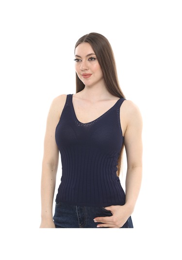 Monox Kadın Bluz V Yaka Gofre Nakışlı Yazlık Triko Atlet Lacivert