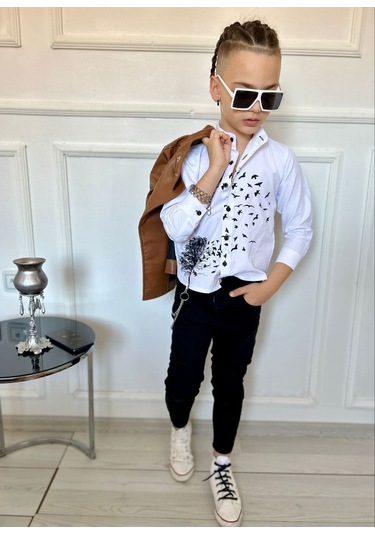 Modavals Erkek Çocuk 4 Parça Deri Ceket Kot Pantolon Kombin - 574283691 Kahverengi