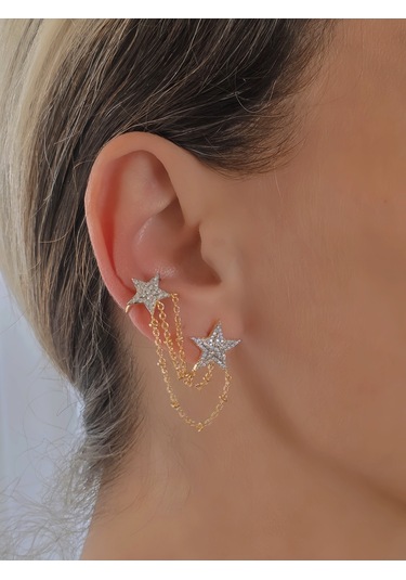 Yıldız Model Zirkon Taşlı Ear Cuff Kıkırdak Küpesi Gold