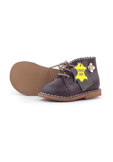 Rakerplus Handmade Hakiki Deri Kahverengi Çiçek Detaylı Bağcıklı Bebek Bot Kahverengi