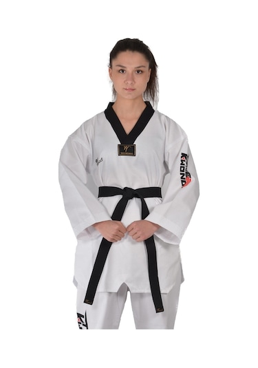 Haşado Fitilli Siyah Yaka Taekwondo Elbisesi Beyaz