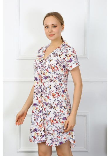 Akbeniz Kadın Penye Kısa Kol Düğmeli Ekru Tunik Gecelik 13104-ekru Ekru