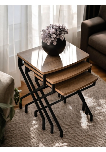 3 Lü Zigon Sehpa Metal Ayaklı Çam Ahşap Kare Misafir Sehpası