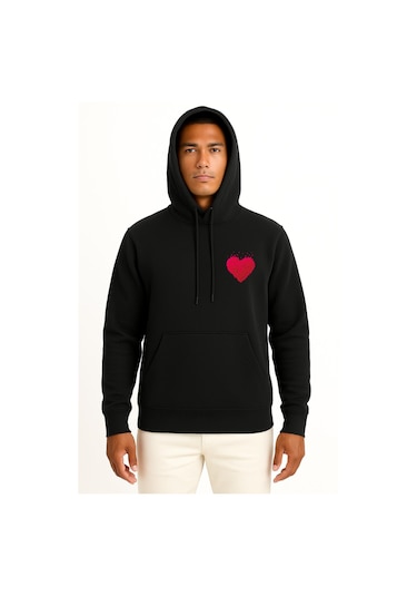Bahriyeli Collection Kapüşonlu Çoklu Kalp Cep Baskılı Unisex Sweatshirt Siyah