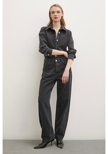 Never More Yüksek Bel Düğme Kapamalı Mom Jean Siyah Siyah