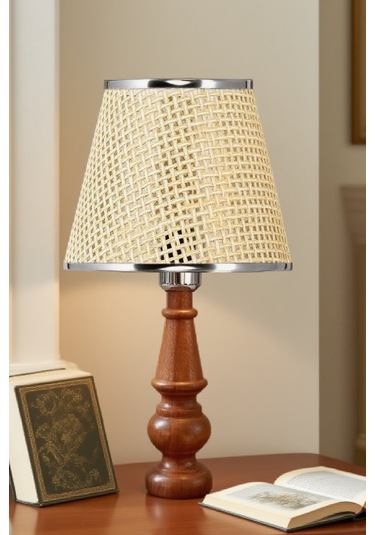 Ahşap Gövdeli Kumaş Başlıklı Dekoratif Abajur Masa Lambası Aydınlatma Lamba Bej