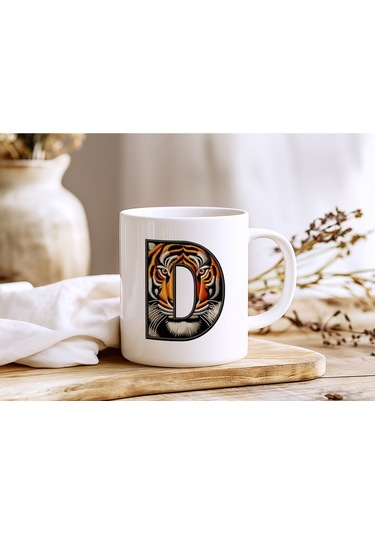 D Harfi Kaplan Figürlü Nakış Desenli Kupa Bardak - Kişiye Özel Vahşi Hayvan Desenli Kupa - Hediye Beyaz