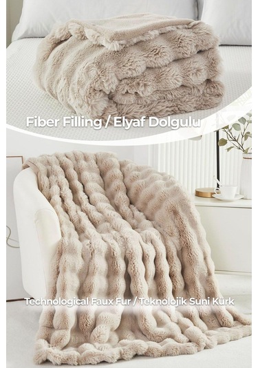 Kürk Yatak Örtüsü Seti Tek Kişilik Peluş Yumuşak Yorgan Wellsoft 2 Parça Loria Bej