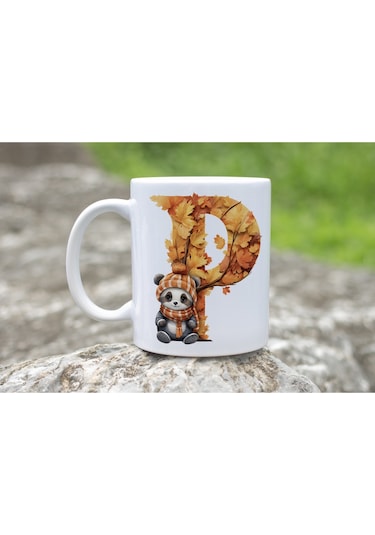 P Harf Sonbahar Yaprak Temalı Kupa Bardak - Sevimli Figürler İle Alfabe Harfli Bardak - Kişiye Özel Beyaz