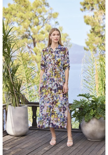 Monamise Kadın Desenli Ve Yırtmaçlı Önü Düğmeli Gömlek Yaka Elbise 25048 Mor