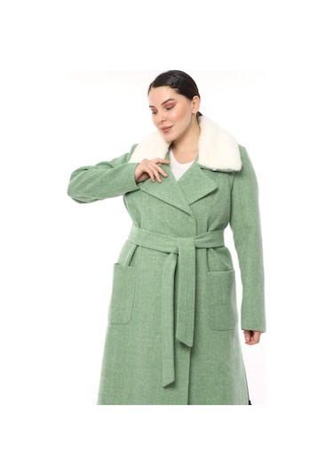 Lady Sharm Natural Kaşmir Astarlı Boynu Vizon Kaban Mint Yeşili