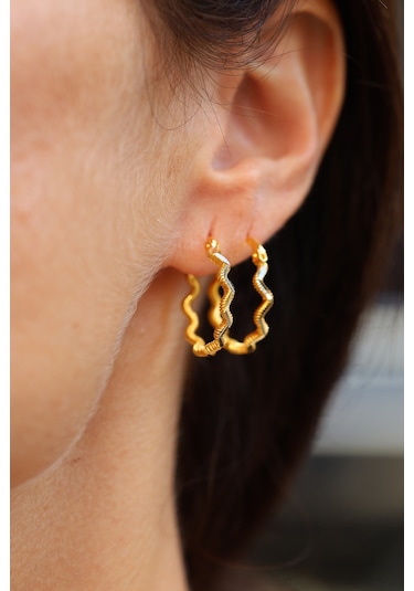 14 Ayar Altın Zikzak Ajda Model Halka Küpe Sarı Altın