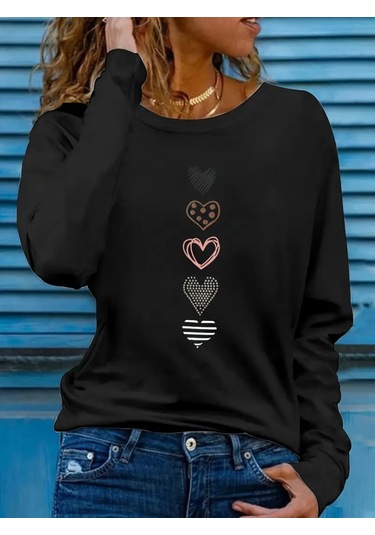 Kadın Uzun Kollu Bisiklet Yaka Desenli Viskon Bluz Siyah