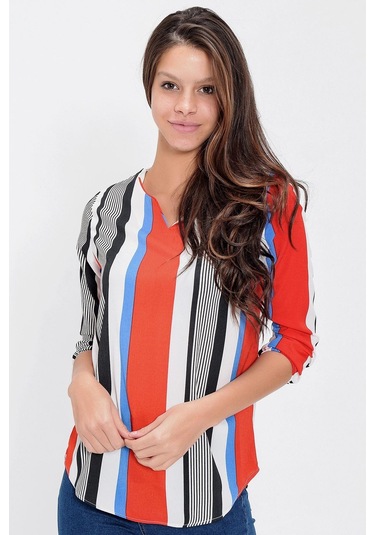 Kadın Kırmızı Yakası Yırtmaçlı Krep Bluz Truvakar Kol Çizgili Ve Giy Çık - Tesettüre Uygun Kırmızı