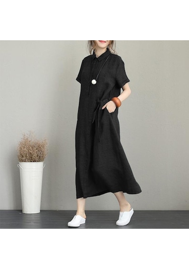 Barbora Keten Günlük Kısa Kol Tam Boy Yazlık Salaş Kadın Elbise Ln245syh3 001