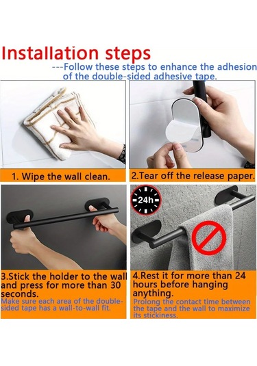 Kosona Stainless Steel Self-adhesive Saçak Havluluk, 40 Cm, Tabanlı, Kolay Kurulum, Evinizde Düzen-siyah Siyah