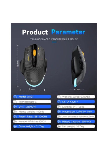 Mkespn Sxs-w601 7 Tuşlu Gaming Mouse Karbon Fiber 3 Modlu Kablolu - Bluetooth - Usb Alıcılı 12800 Dpı Makro Tanımlı Oyun Faresi -