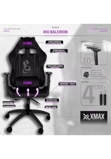 Rio Black Balerion Komple Baby Face Terletmez Kumaş Siyah/mor Profesyonel Oyuncu Koltuğu