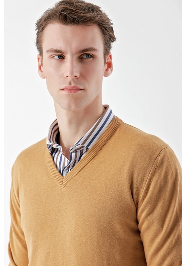 Morven Erkek Camel Basic V Yaka Dynamic Fit Rahat Kesim Triko Camel