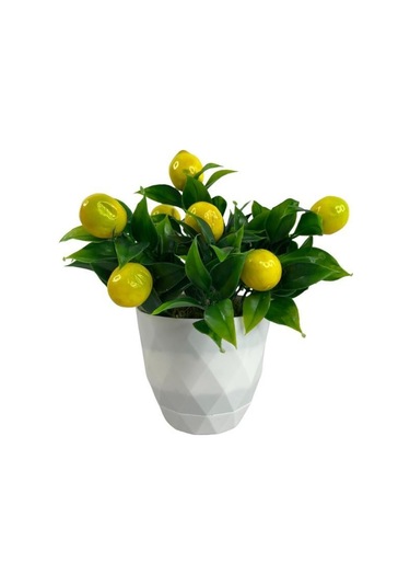 Yapay Çiçek Beyaz Saksıda Limon Dekoratif Masa Çiçeği 25Cm