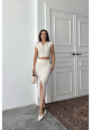 Moderie Butik Bej Keten Gömlek Ve Etek Takım Bej