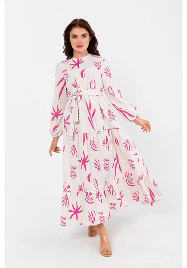 Desenli Yazlık Baharlık Keten Elbise 2103 Pembe