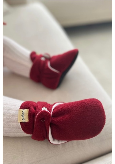 Organik Pamuk Astarlı, Bebek İlk Adım Ayakkabısı, Kaydırmaz Taban, Bebek Pandufu, Bej Patik Kırmızı