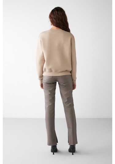 Vaneltına Kadın Içi Polarlı 3 Iplik Organik Pamuk Oversize Basic Bisiklet Yaka Vizon Sweatshirt