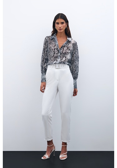 Sateen Yüksek Bel Kemerli Pantolon - Ekru