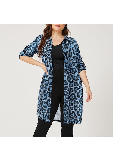 Kadın Yaz Casual Uzun Kollu Leopar Baskılı Şifon Gömlek Kahve