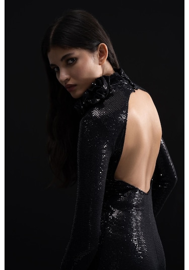 Mathilda Store Kadın Siyah Tasarım Payet Midi Elbise