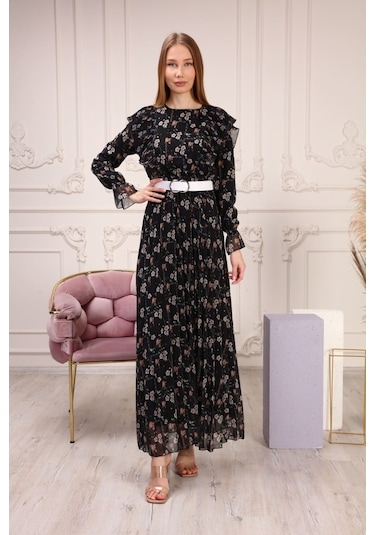 Aymeravm - Omuzu Fırfırlı Desenli Kadın Elbise - She2301Ga