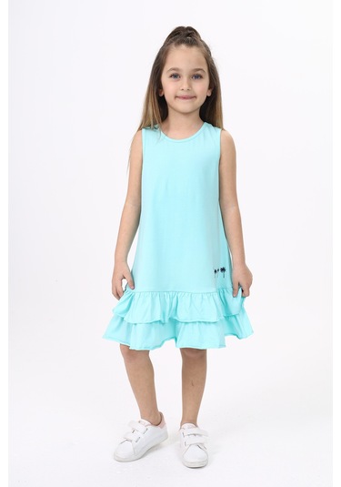 Toontoy Kız Çocuk Palmiye Baskılı Fırfırlı Elbise Su Yeşili