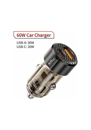 Toocki Toocki Şeffaf Usb C Araç Şarj Cihazı Pd Qc3.0 60w Hızlı Şarj Adaptörü İphone Android Evrensel Chına