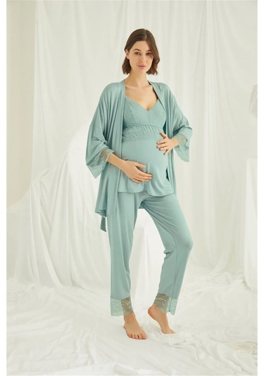 Monamise 18469 Hamile Lohusa Sabahlıklı Pijama Takımı-yeşil