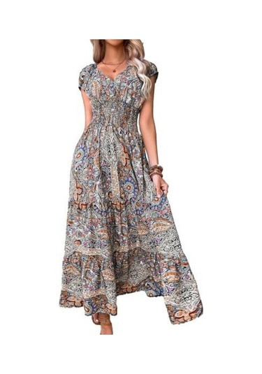 Novahub Yaz Derin V Yaka Kısa Kollu Maxi Elbise Bohemia Renkli Baskı Elastik Yüksek Bel Fırfır Dikiş Hem A-line Plaj Elbisesi Turuncu - Xl Turuncu