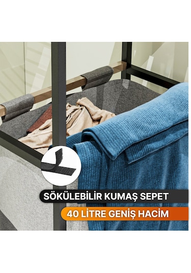 Bino Ahşap Raflı 2 Katlı Büyük Boy Kapaklı Çamaşır Kirli Sepeti Çok Amaçlı Banyo Düzenleyici Siyah