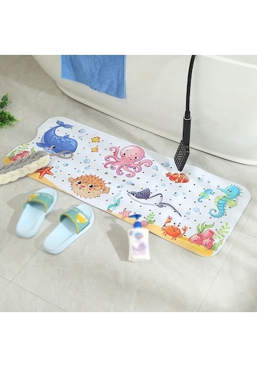 Leezsing Çocuklar İçin Deniz Temalı Pvc Banyo Kaydırmaz Paspas - 100x40 Cm, Drenaj Delikli, Yıkanabilir Çok Renkli