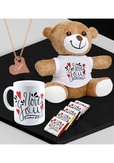 Kişiye Özel Sevgili Peluş Ayı Kupa Madlen Çikolata Ve Rose Kalp Kolye Set - 82
