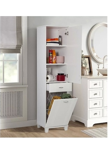 Banyo Ve Mutfak Boy Dolabı Çamaşır Sepetli Beyaz Çok Renkli
