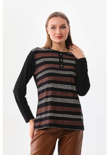 Sistas Kadın Desenli Bisiklet Yaka Uzun Kol Bluz 23596 Siyah