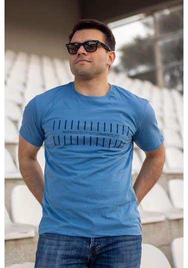 Erkek İndigo Çizgi Baskılı Normal Kesim Bisiklet Yaka Erkek Tişört 22etshmros 001