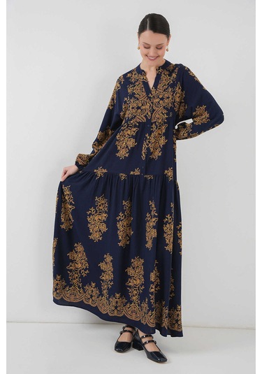 Gabria Ön Düğmeli Desenli Viskon Elbise Lacivert