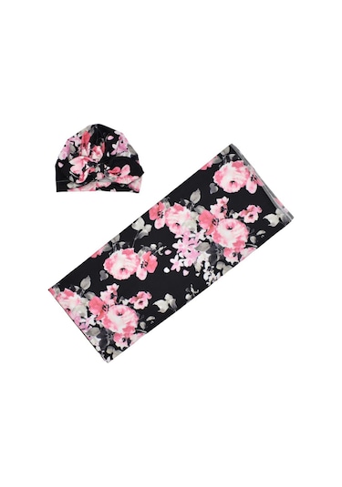 Yaozixa Yeni Doğan Bebek Battaniyesi Ve Şapkalı Sarıtm - Poliester Elbise - Siyah Tabanlı Çiçek Desenli - 86x137 Cm Siyah