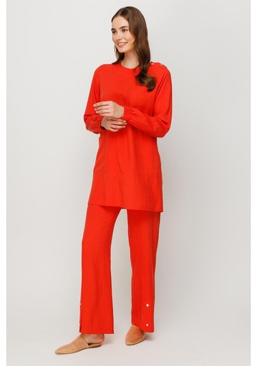 Doğal Kumaş Rahat Kullanımlı Pantolon Tunik Takım Mercan-mercan Mercan